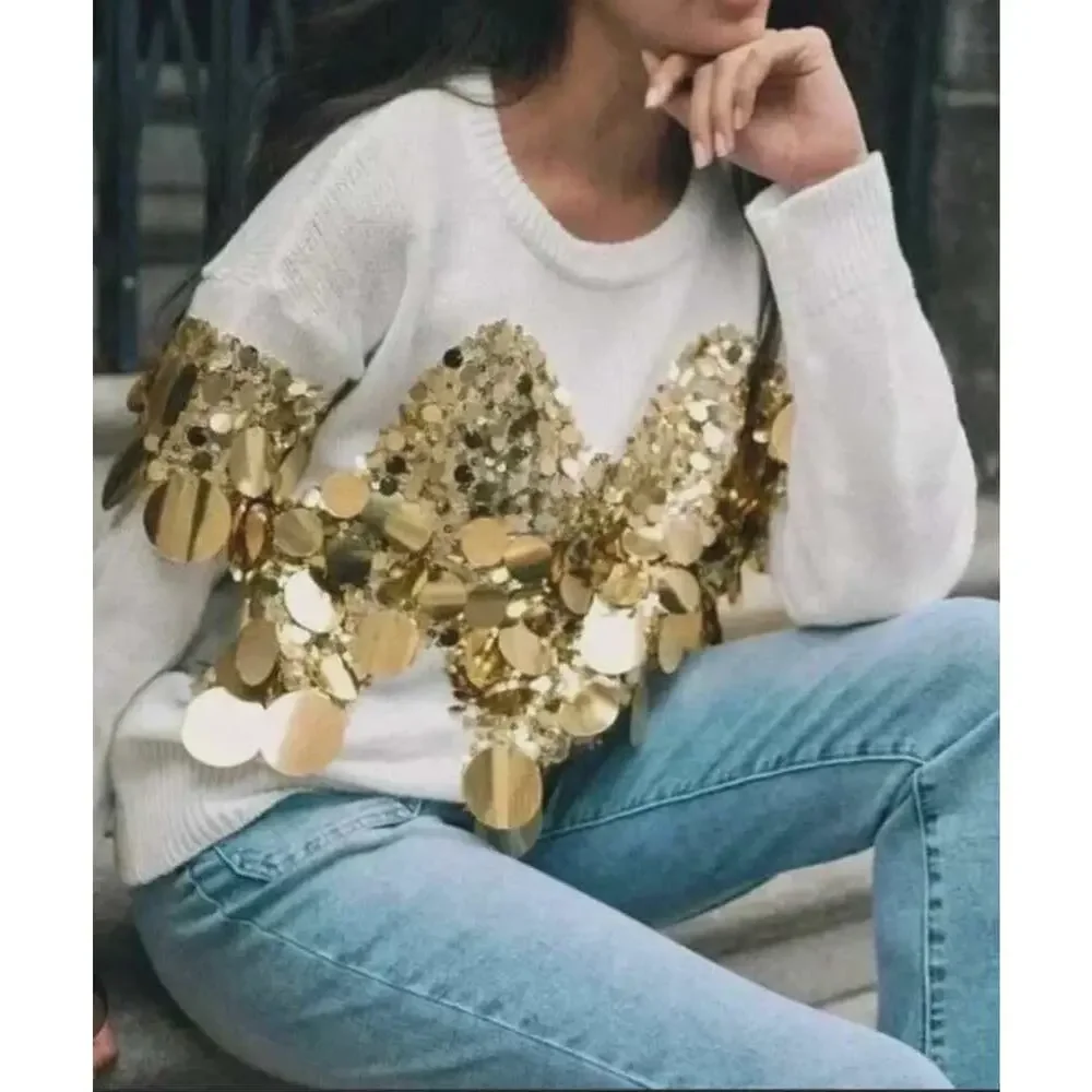 Women's L Luxurious Stylish White Gold Sequin Detailed Long Sleeve Sweater Top